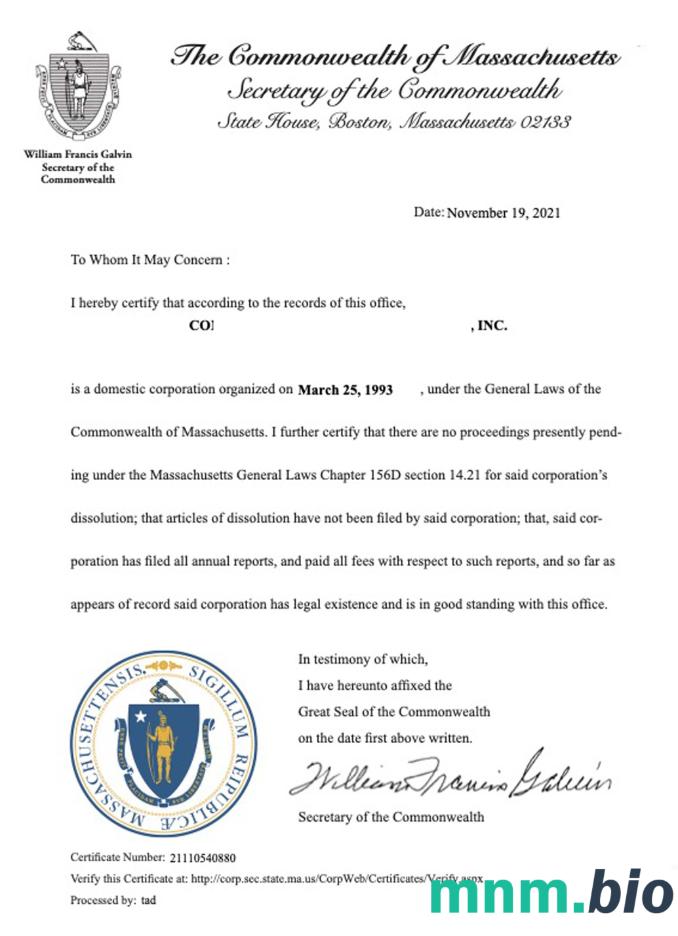 Certyfikat dobrej kondycji USA Massachusetts